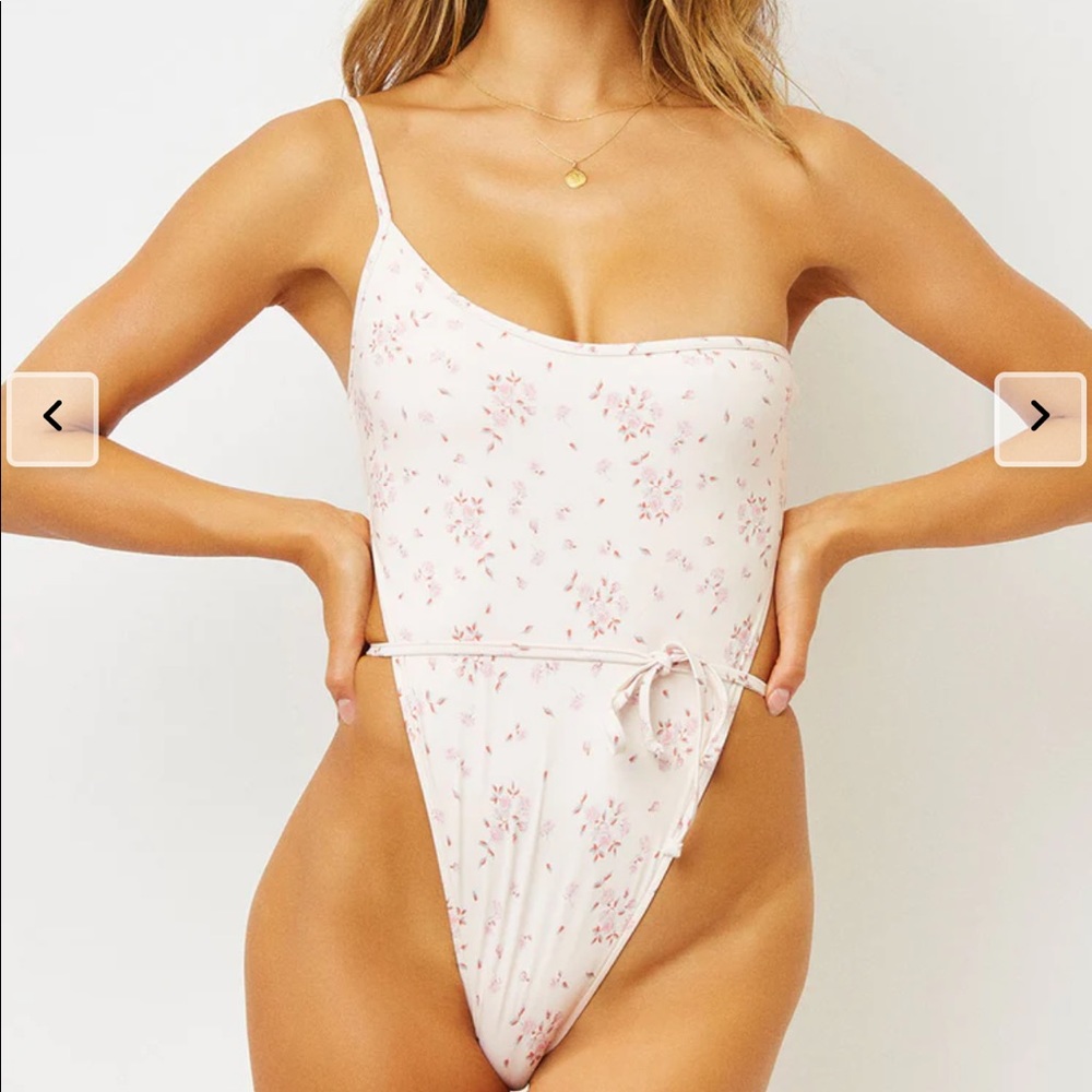 Frankies Bikinis Evangeline Skimpy One Shoulder One Piece Swimsuit in Sweet Rose